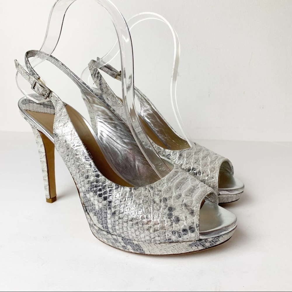 Donald J. Pliner Silver & Gray Snakeskin Peep Toe Heels SZ 9